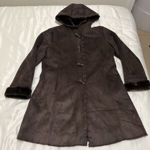 Tally Ho Parka Winter Coat Faux Suede Faux Fur Lined Toggles Hood Brown L